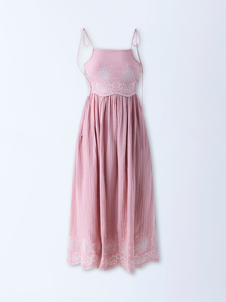 Westside Bombay Paisley Women's Pink Embroidered Cotton A-Line Dress for Everyday Flatly