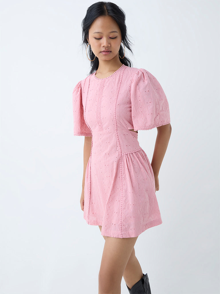 Westside Bombay Paisley Women's Pink Floral Embroidered Cotton A-Line Dress for Everyday Front View