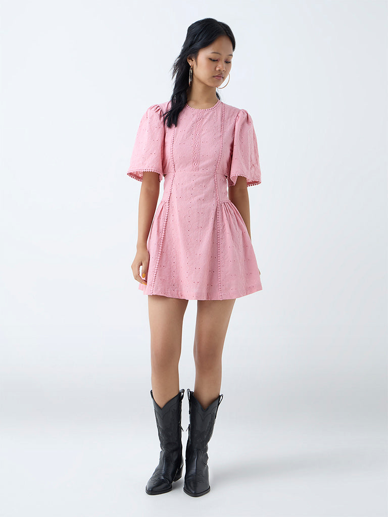 Westside Bombay Paisley Women's Pink Floral Embroidered Cotton A-Line Dress for Everyday Full View