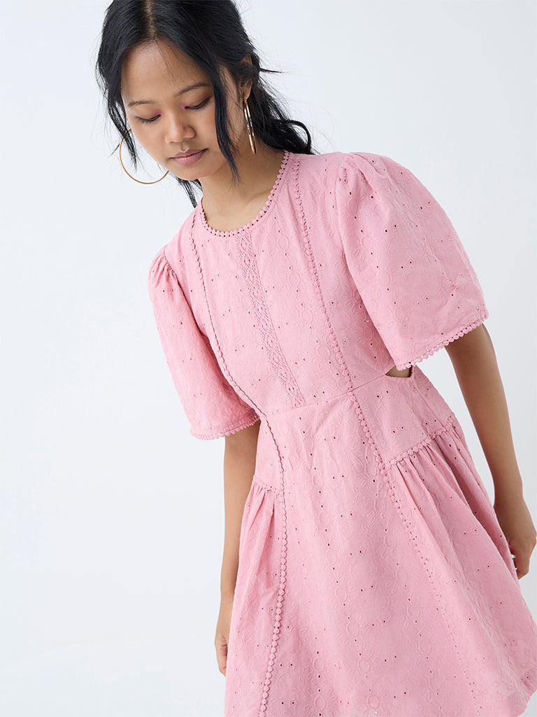 Westside Bombay Paisley Women's Pink Floral Embroidered Cotton A-Line Dress for Everyday Zoomed View