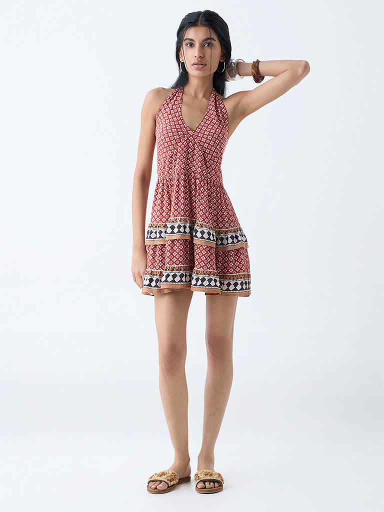 Bombay Paisley Brown Floral Halter-Neck A-Line Dress