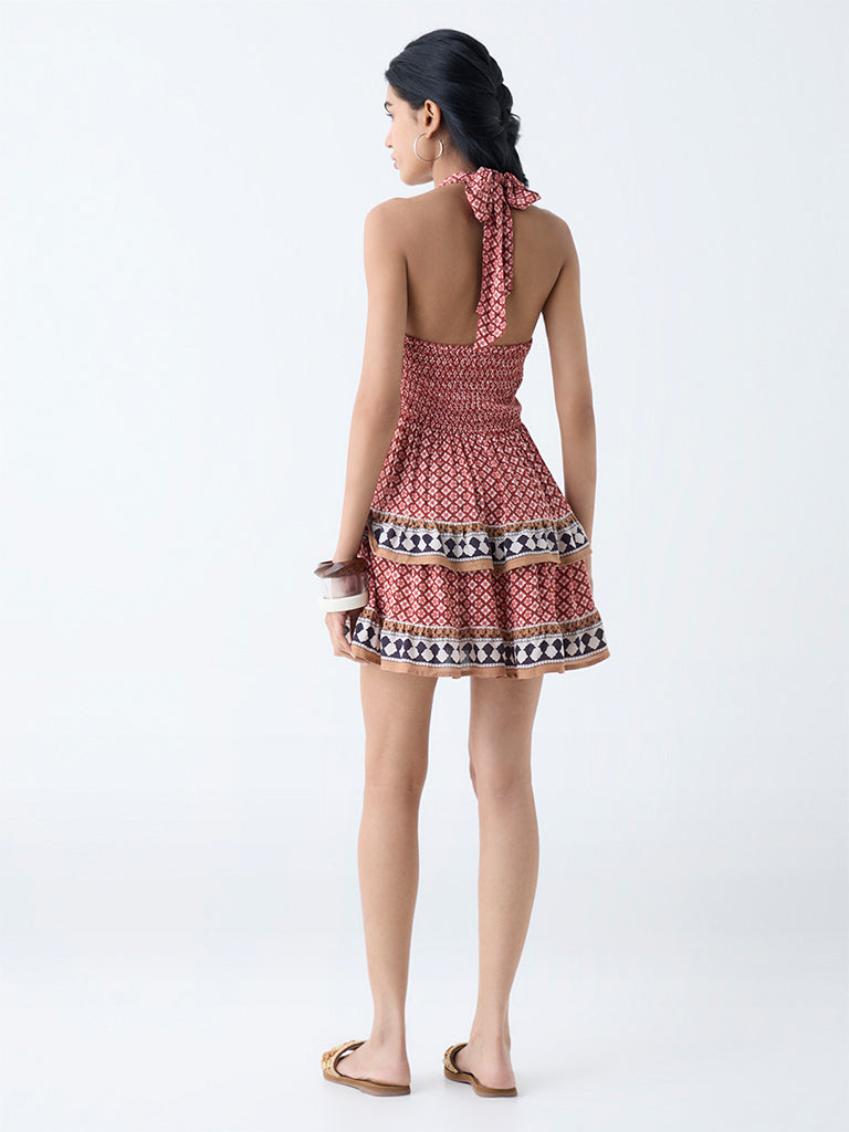 Bombay Paisley Brown Floral Halter-Neck A-Line Dress