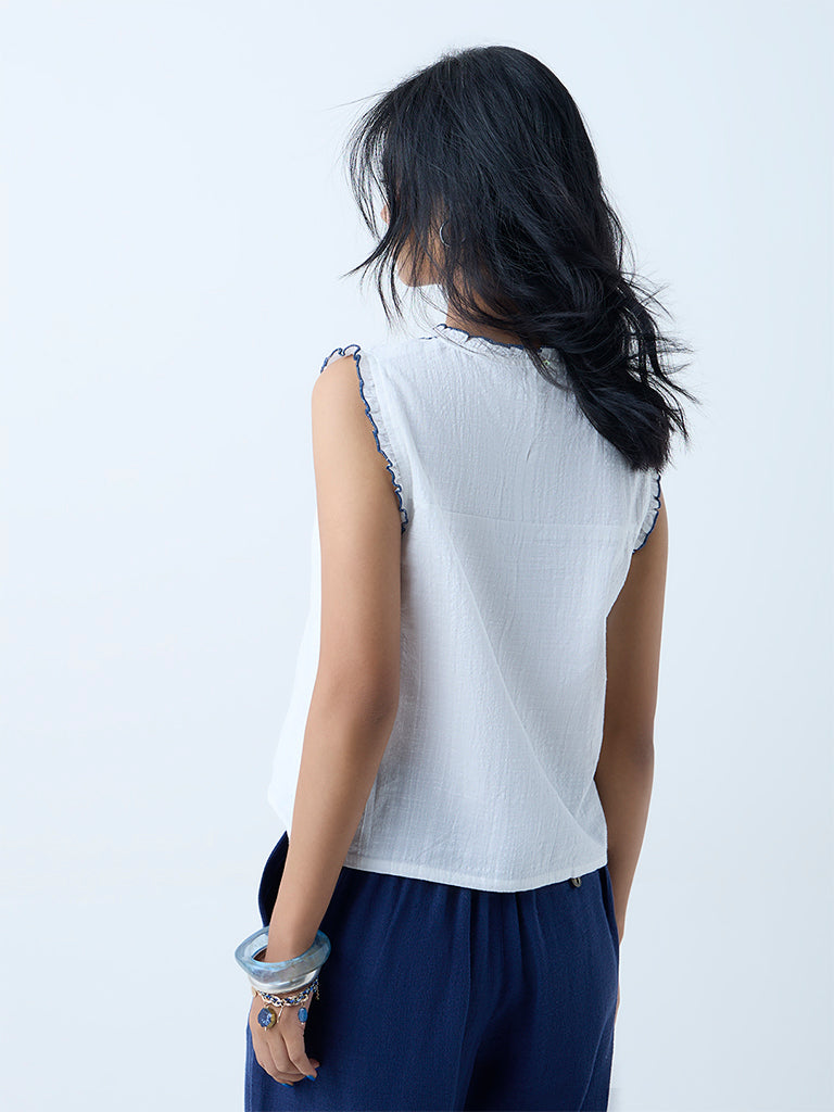 Westside Bombay Paisley Women's White Embroidered Cotton-Blend Top for Everyday Back View