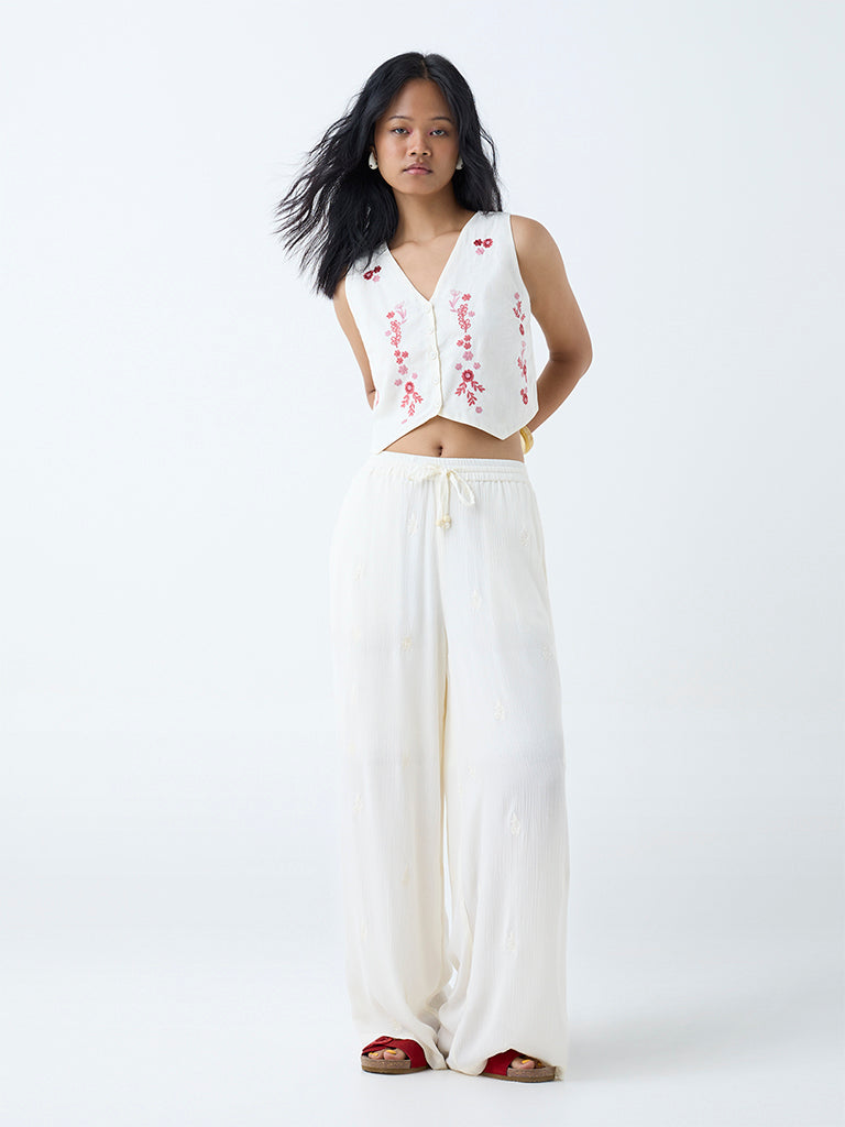 Westside Bombay Paisley Women's White Embroidered Cotton-Blend Waistcoat-Style Top for Everyday Full View