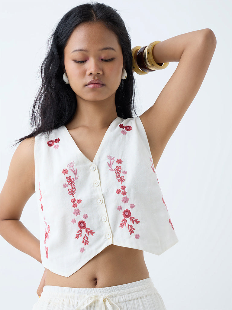 Westside Bombay Paisley Women's White Embroidered Cotton-Blend Waistcoat-Style Top for Everyday Front View