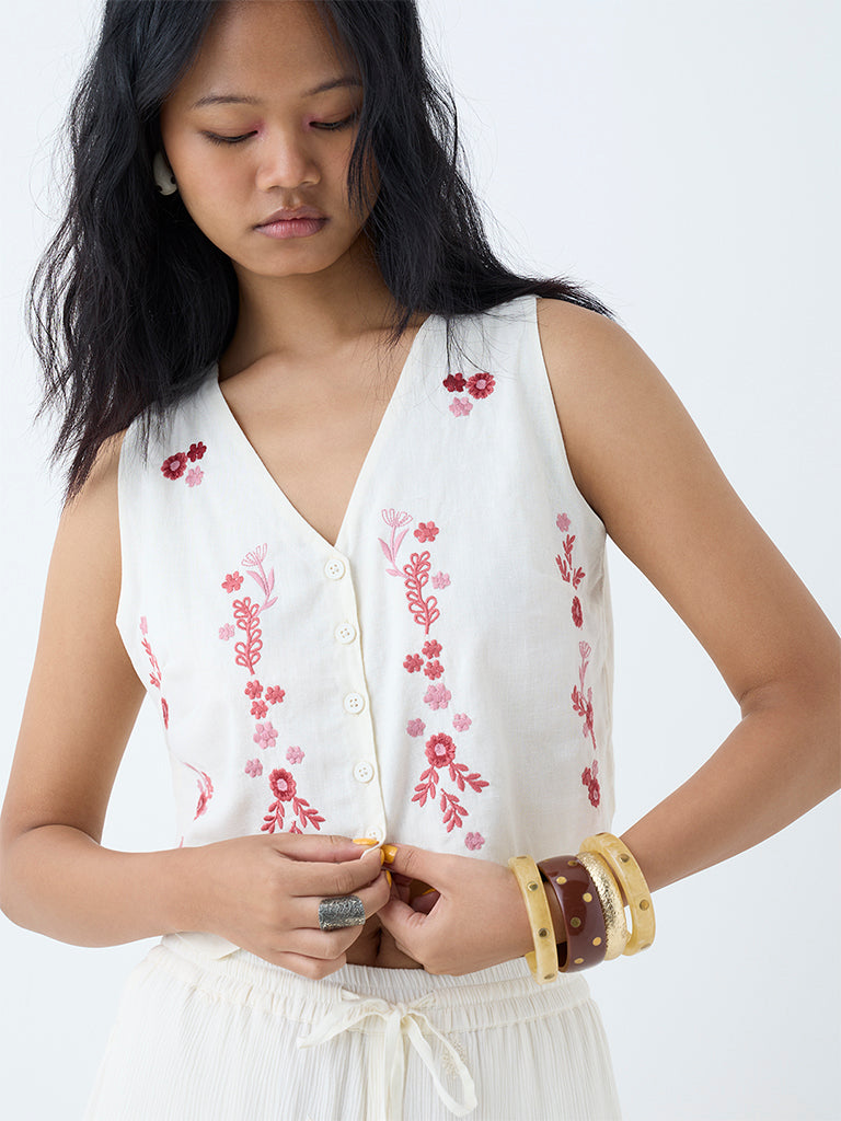 Westside Bombay Paisley Women's White Embroidered Cotton-Blend Waistcoat-Style Top for Everyday Zoomed View