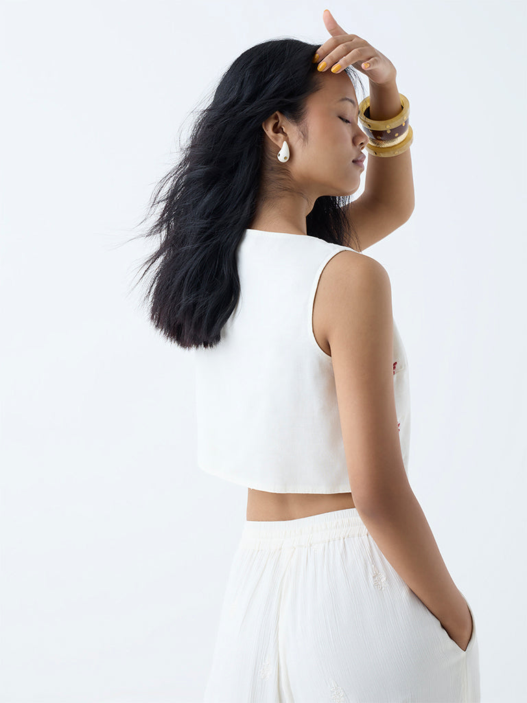 Westside Bombay Paisley Women's White Embroidered Cotton-Blend Waistcoat-Style Top for Everyday Back View