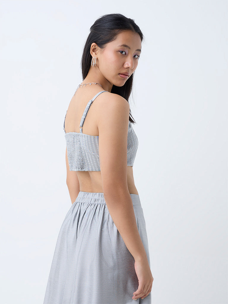 Westside Vark Women's Silver Self-Striped Ethnic Top for Festival Wear Back View