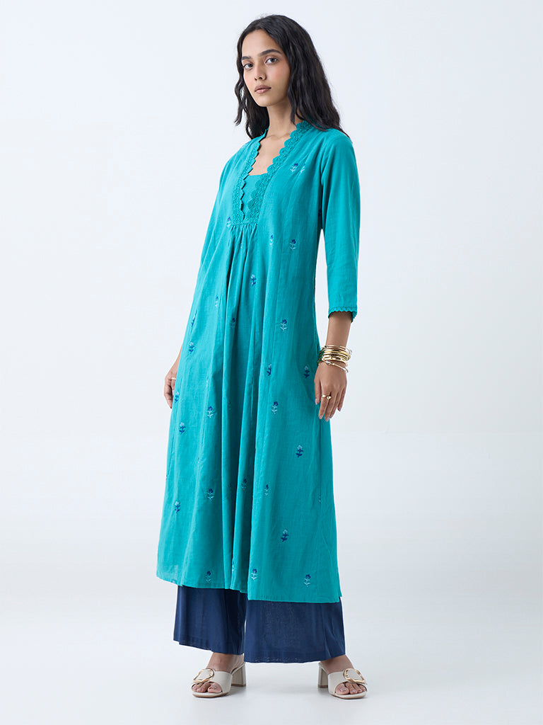 Utsa Aqua Floral Embroidered Cotton A-Line Kurta