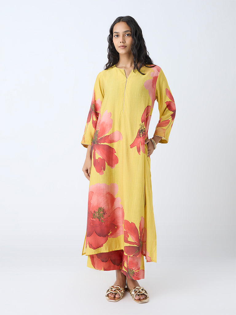 Westside Utsa Women's Yellow Floral Detailed A-Line Kurta for Work Wear Full View