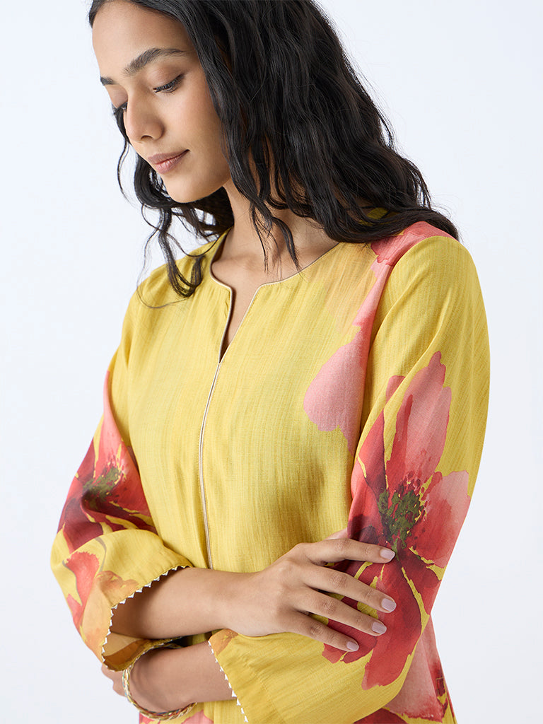 Westside Utsa Women's Yellow Floral Detailed A-Line Kurta for Work Wear Zoomed View