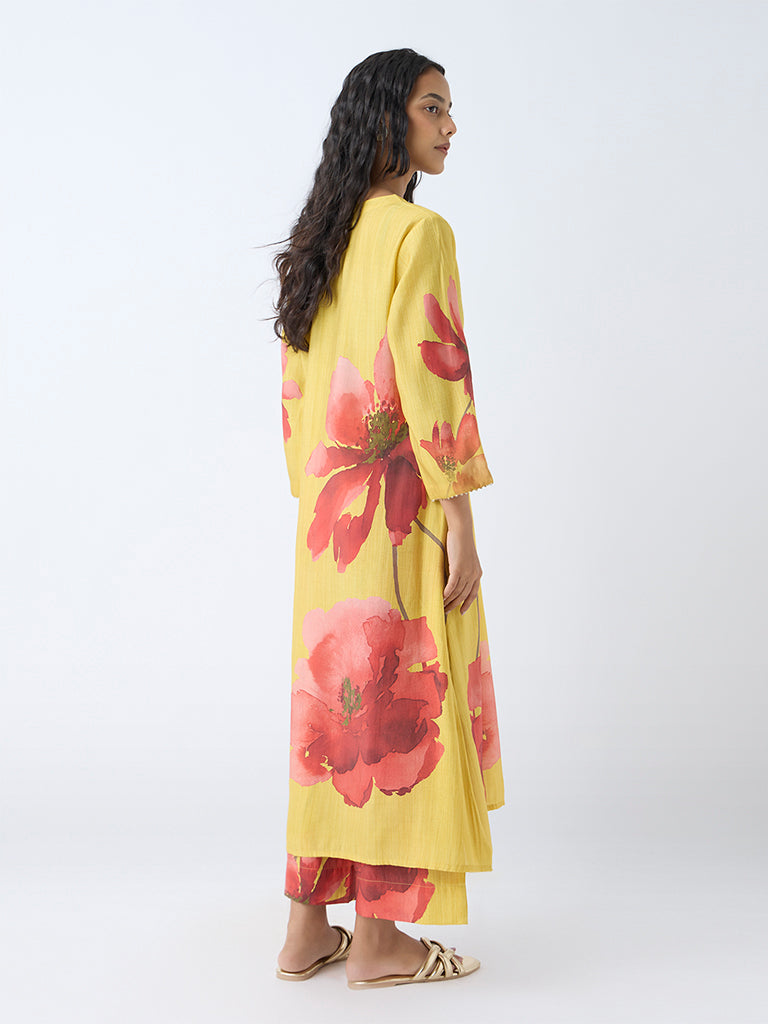 Westside Utsa Women's Yellow Floral Detailed A-Line Kurta for Work Wear Back View