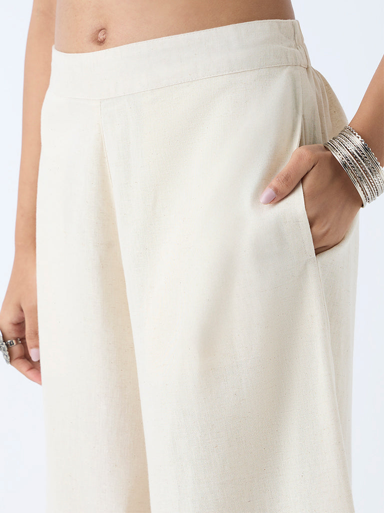 Utsa Beige Solid Cotton-Blend Ethnic Pants