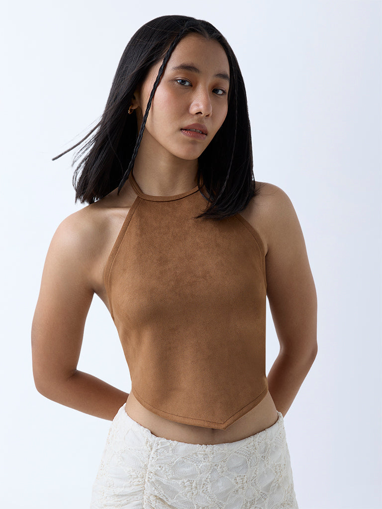 Westside Nuon Women's Brown Suede Halter Neck Top for Casual Wear Front View