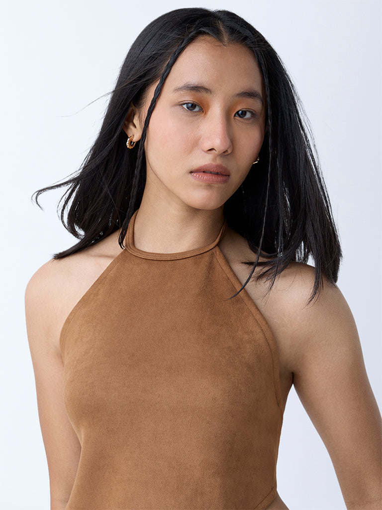 Westside Nuon Women's Brown Suede Halter Neck Top for Casual Wear Zoomed View