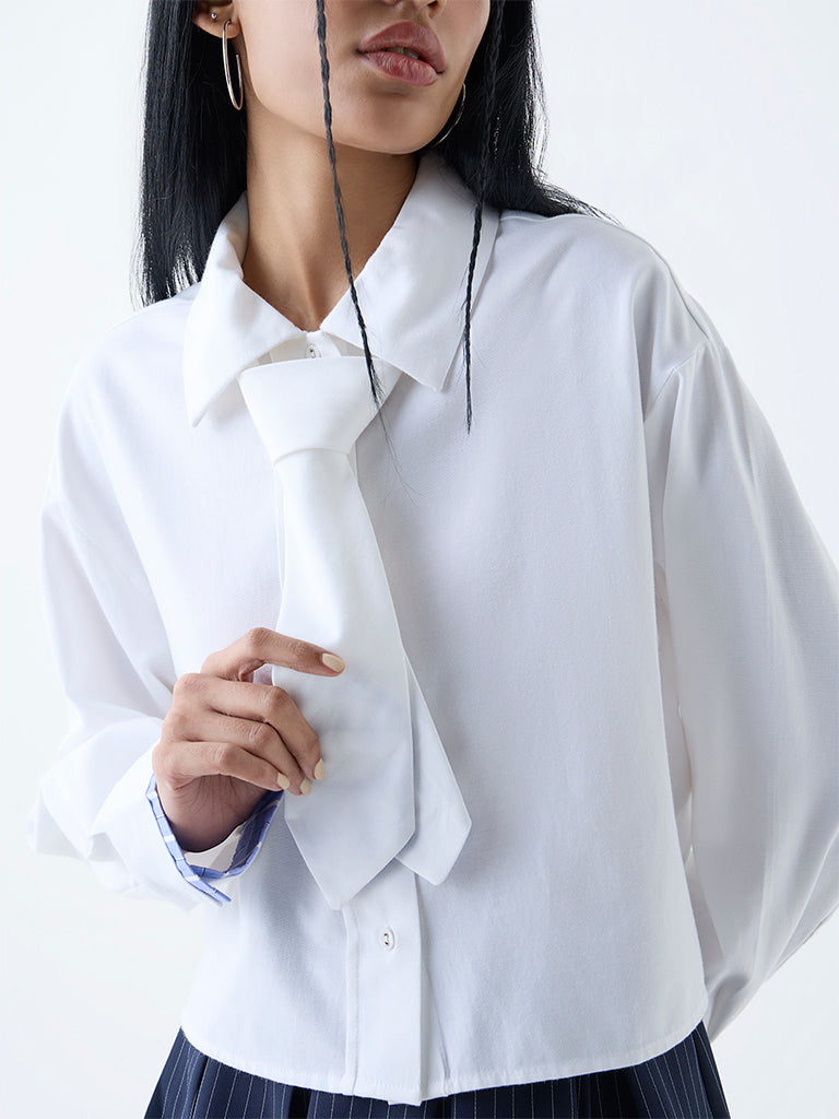 Nuon White Solid Shirt with Tie