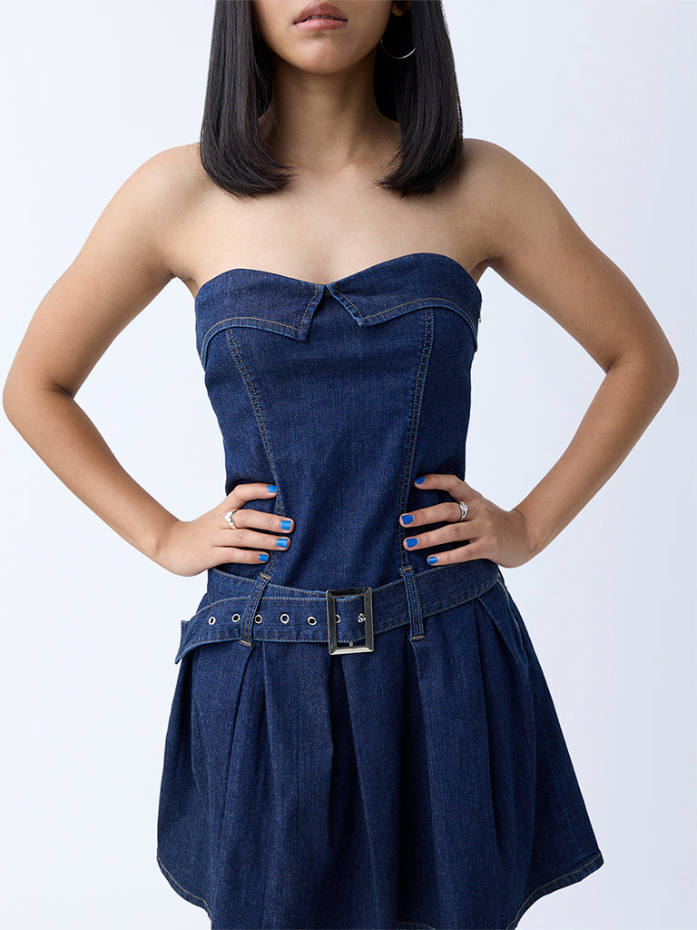 Nuon Dark Blue Denim Tube Dress with Belt