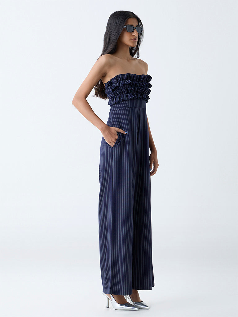 Nuon Navy Pinstripe Detailed Jumpsuit