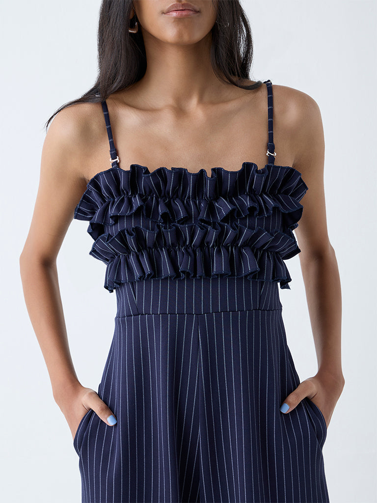 Nuon Navy Pinstripe Detailed Jumpsuit