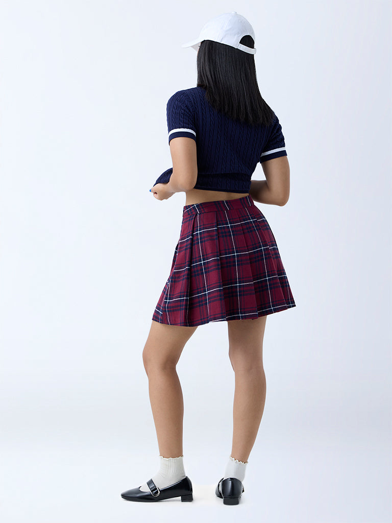 Westside Nuon Women's Navy Checks Design High-Rise Skirt for Casual Wear Back View