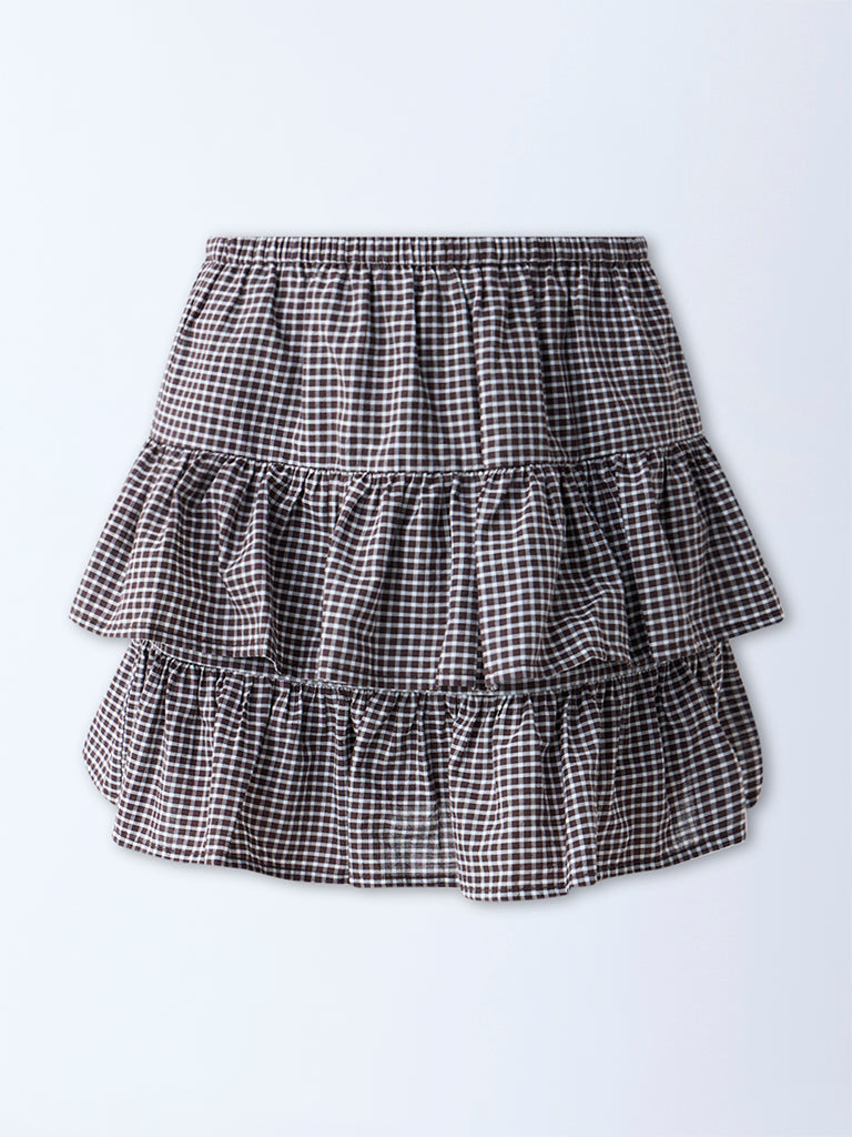 Westside Nuon Women's Dark Brown Gingham Checkered High-Rise Cotton Skirt for Casual Wear Flatly