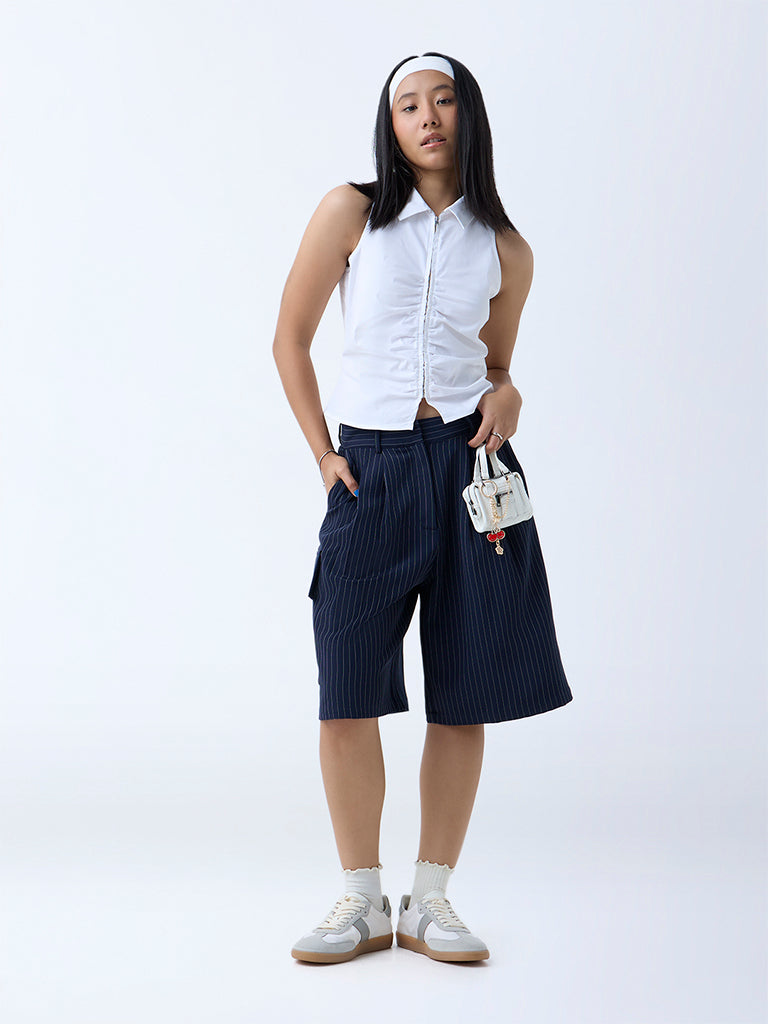 Nuon Navy Pinstriped High-Rise Cotton-Blend Jorts