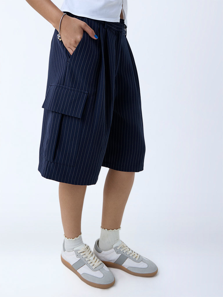 Nuon Navy Pinstriped High-Rise Cotton-Blend Jorts