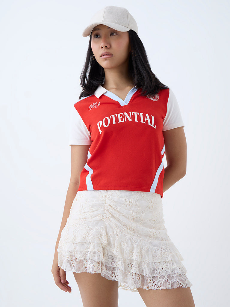 Nuon Red Text Detailed Cotton-Blend T-Shirt