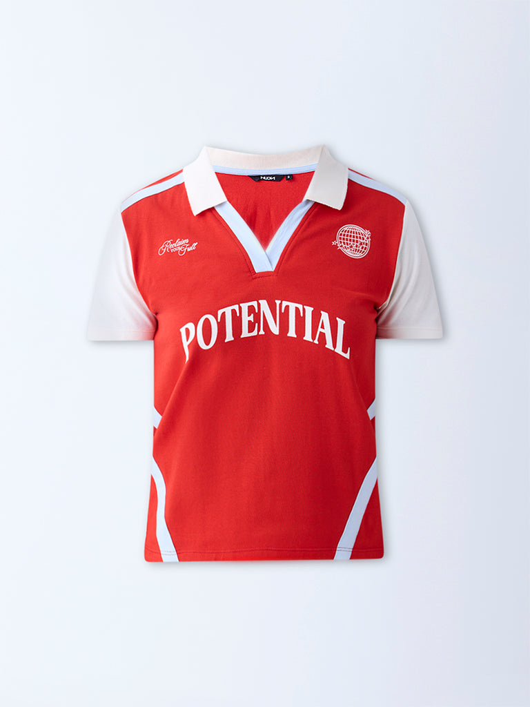 Nuon Red Text Detailed Cotton-Blend T-Shirt