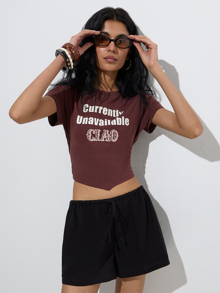Nuon Dark Brown Text Design Cotton-Blend T-Shirt