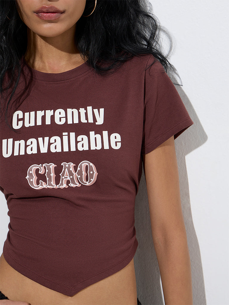 Nuon Dark Brown Text Design Cotton-Blend T-Shirt
