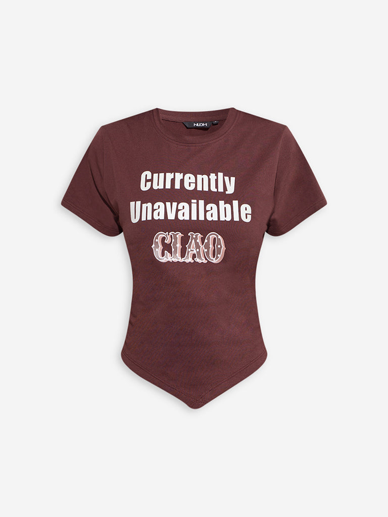Nuon Dark Brown Text Design Cotton-Blend T-Shirt