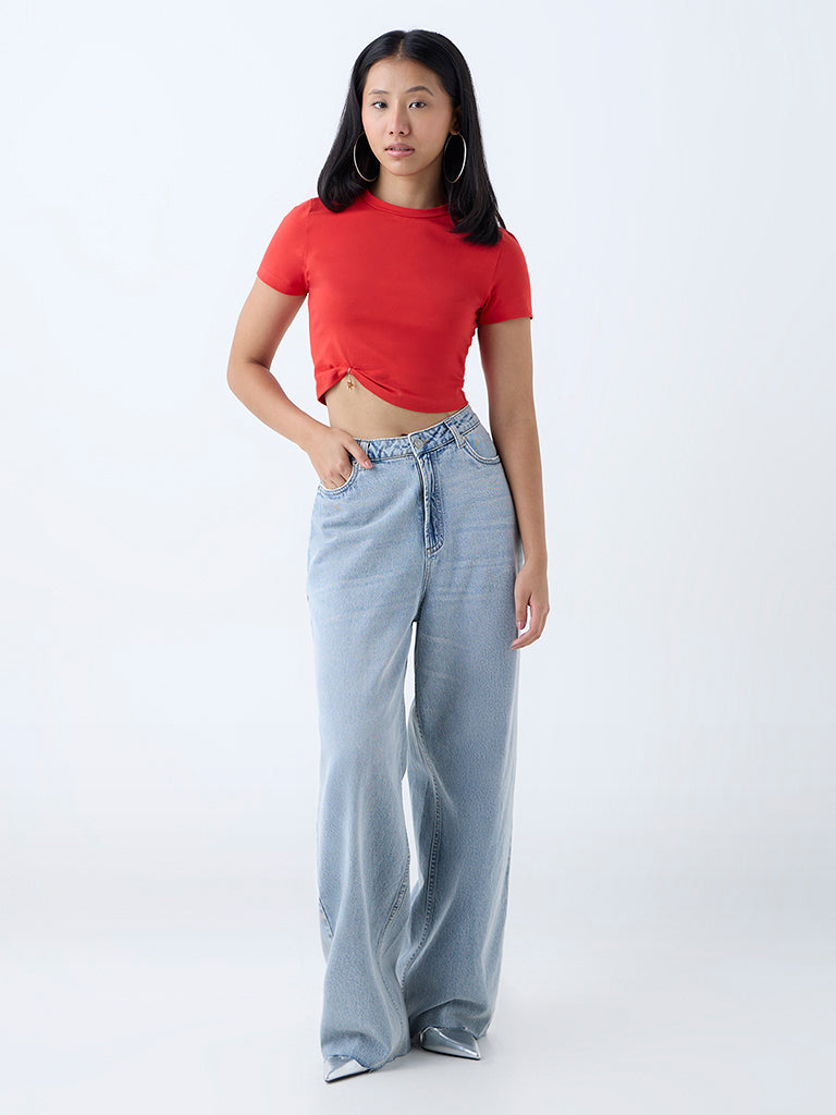 Nuon Red Solid Cotton-Blend T-Shirt