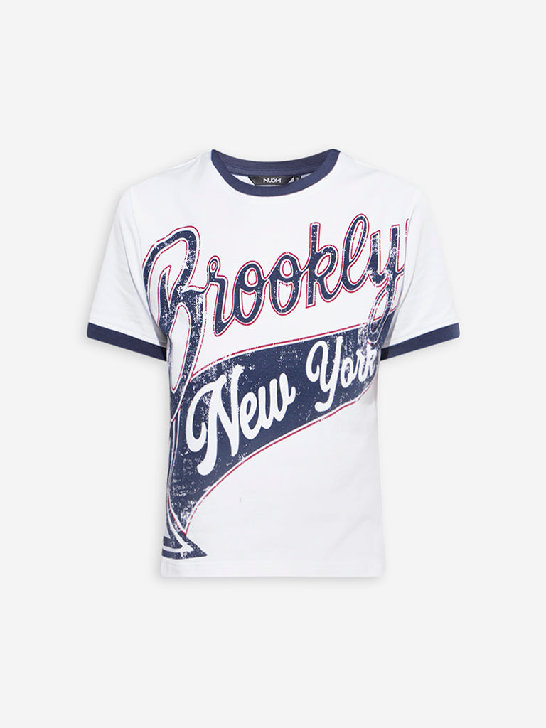 Westside Nuon Women's White Typographic Cotton-Blend T-Shirt for Casual Wear Flatly