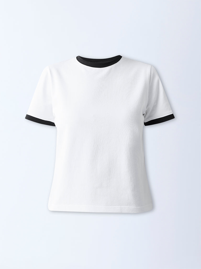 Nuon White Solid Cotton-Blend Top