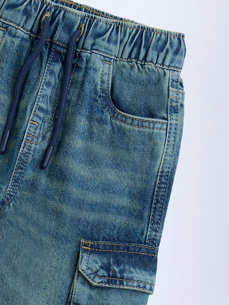 HOP Kids Blue Faded Cargo-Style Relaxed-Fit Mid-Rise Jeans