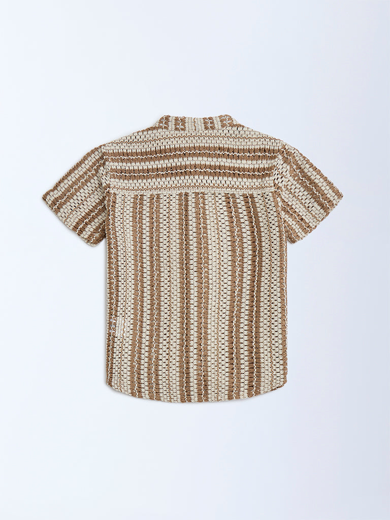 HOP Brown Striped Textured Cotton Shirt