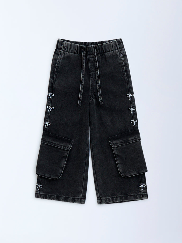HOP Charcoal Cargo-Style Wide-Leg Mid-Rise Jeans