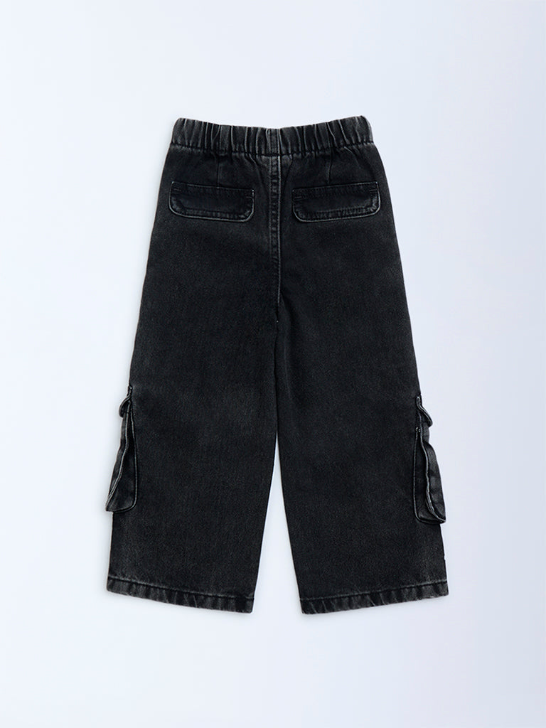 HOP Charcoal Cargo-Style Wide-Leg Mid-Rise Jeans