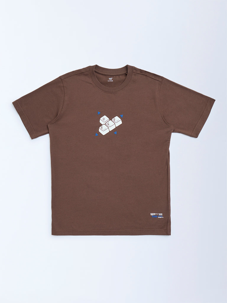 Buy Y&F Kids Dark Brown Printed Cotton T-Shirt from Westside