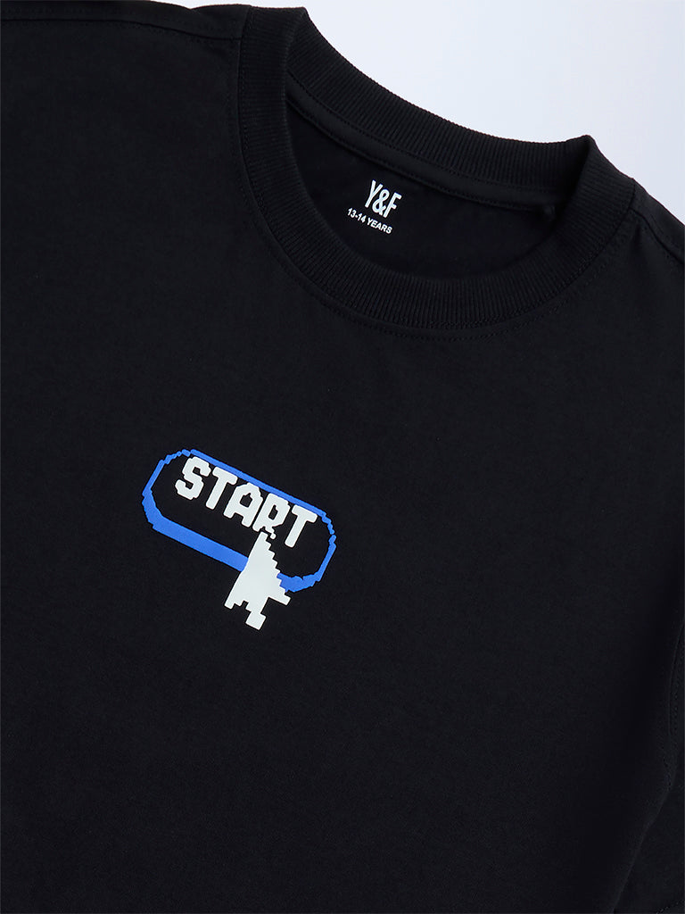 Y&F Kids Black Printed Cotton T-Shirt