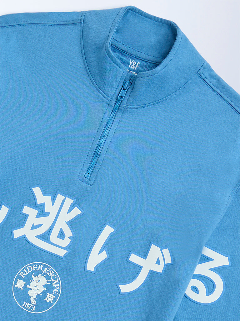 Y&F Kids Boys Blue Cotton Three-Quarter Zip Sweatshirt