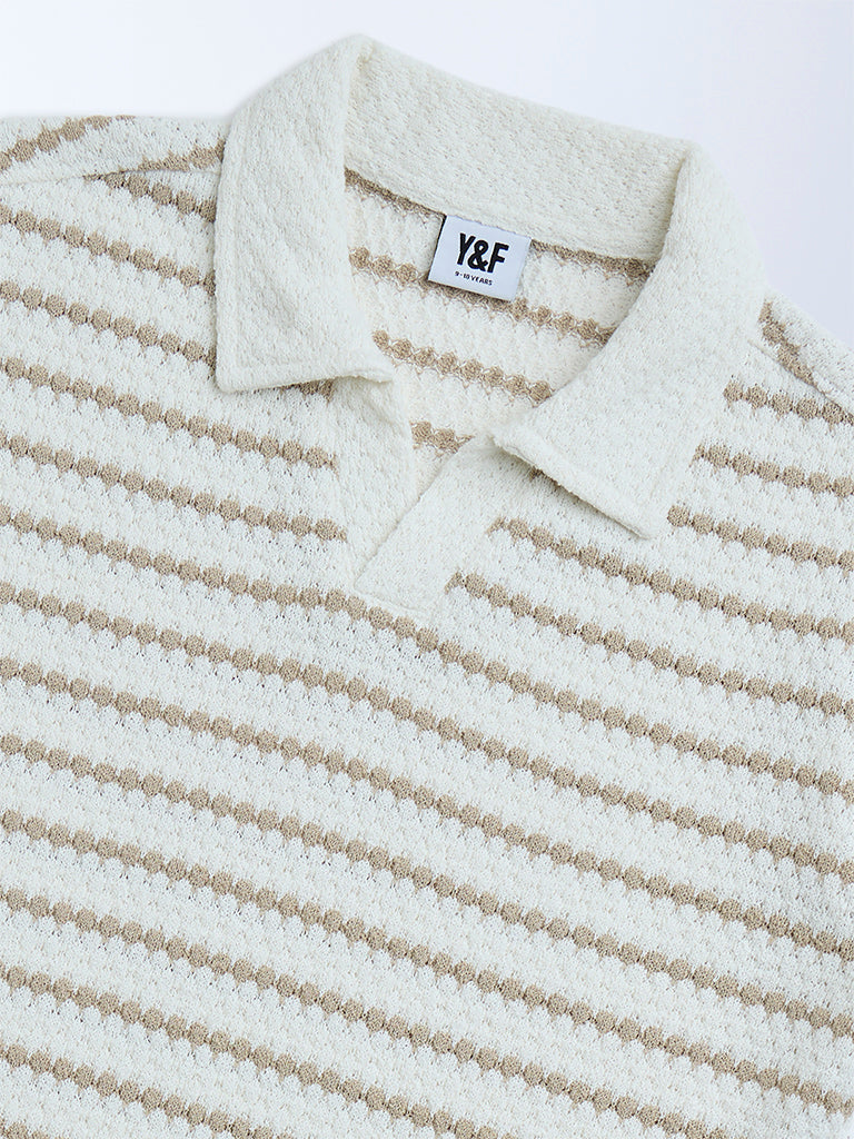 Y&F Kids Boys Off-White Striped Cotton-Blend T-Shirt