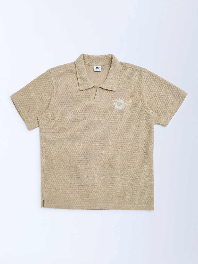 Y&F Kids Beige Knit-Textured Cotton T-Shirt