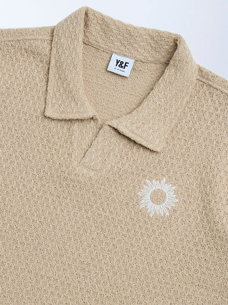 Y&F Kids Beige Knit-Textured Cotton T-Shirt