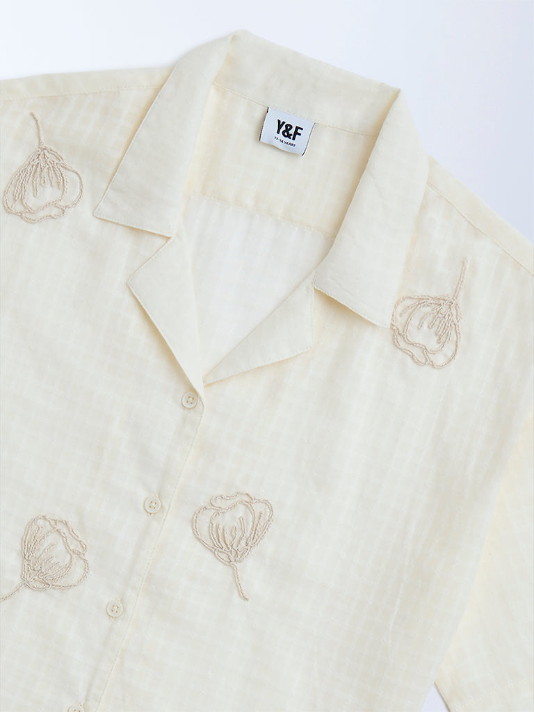 Y&F Kids Girls Off-White Floral Embroidered Cotton Shirt