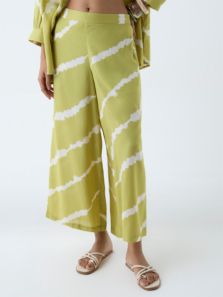 Utsa Lime Green Tie-Dye Design Palazzos