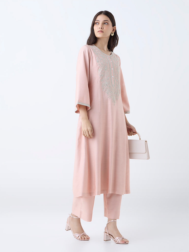 Zuba Light Pink Floral Embroidered A-Line Kurta