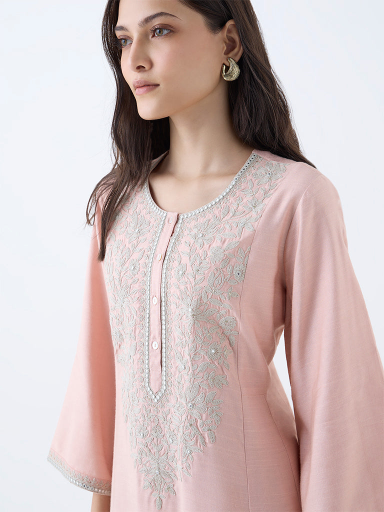 Zuba Light Pink Floral Embroidered A-Line Kurta