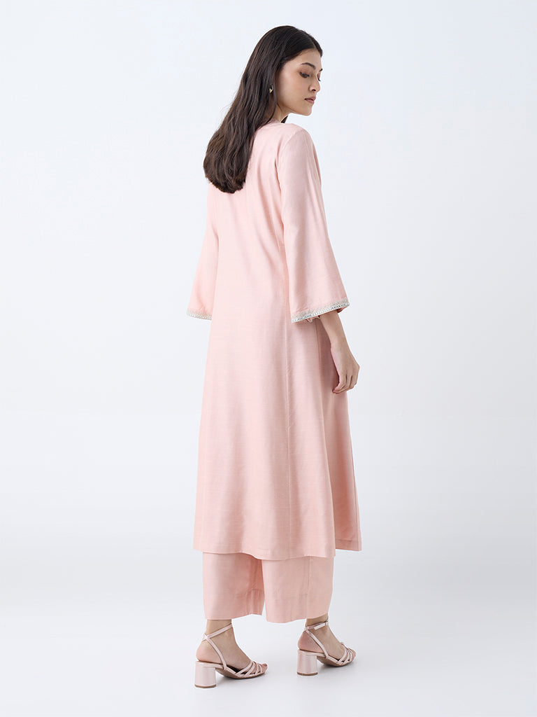Zuba Light Pink Floral Embroidered A-Line Kurta